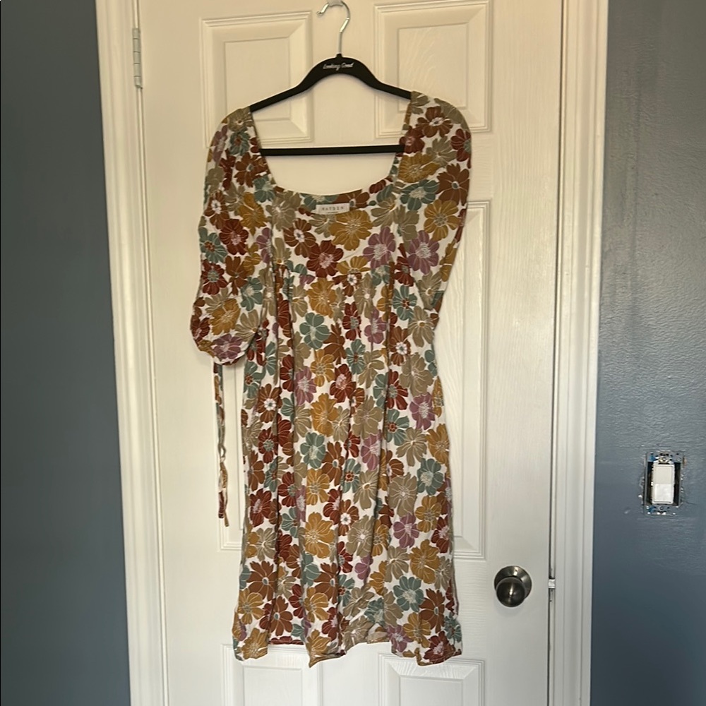 Brown and Orange Puff Sleeve Mini Sundress